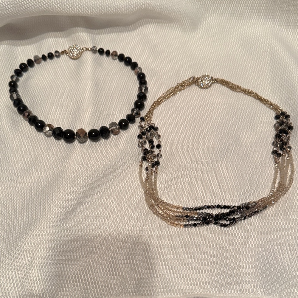 Women Beaded Necklace Set Black Grey Gold Multi Strand Magnetic Rhinestone Clasp
